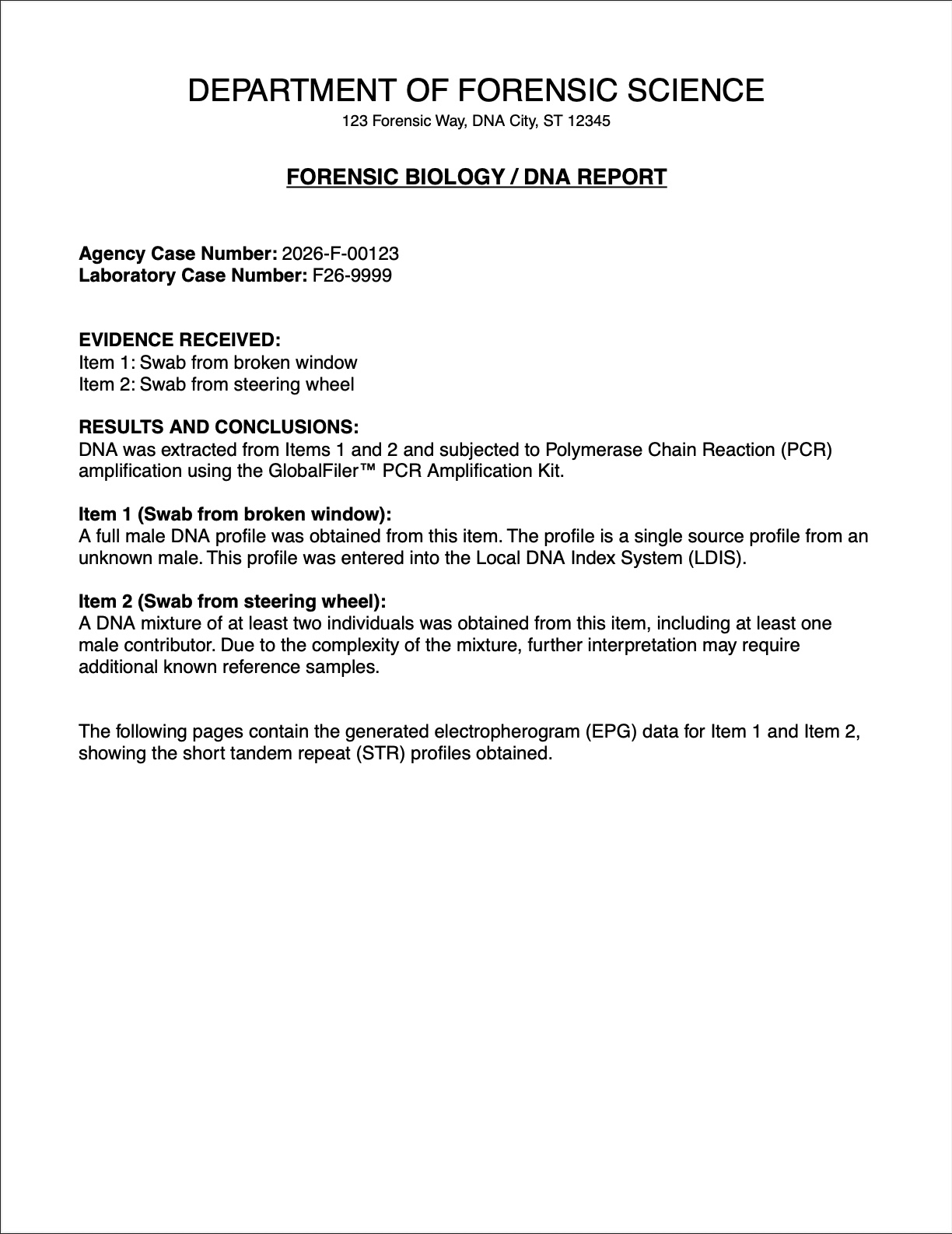 DNA analysis report page 1